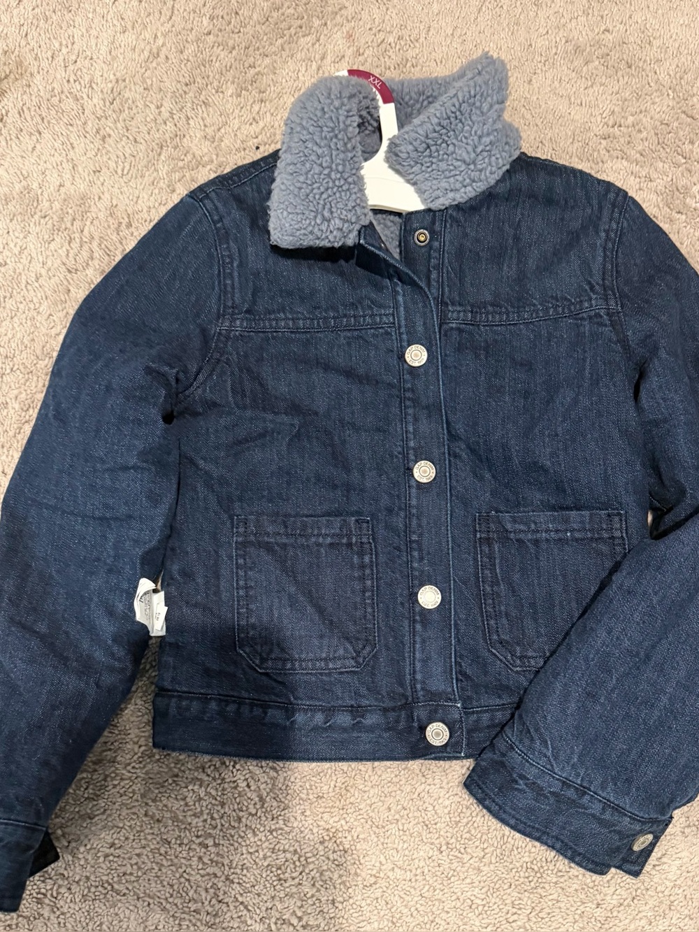 GAP Kids Dark Blue Denim Jacket with Light Gray Sherpa Collar